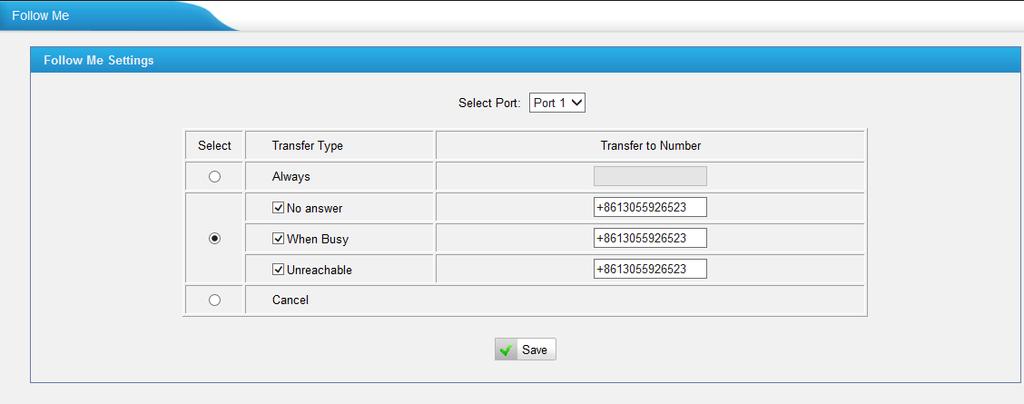 Figure 7-10 We can choose the transfer type,input the number you want to transfer the call, just make sure the number you input there is reachable.