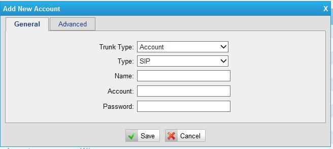 1) VoIP account Figure 7-12 Items Trunk type Type Name Account Password Account mode will allow IP phone or IPPBX to register using this