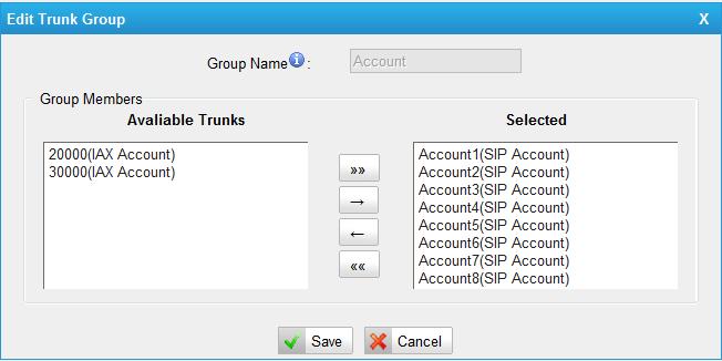 All the VoIP trunk will be listed here, we can choose the desired trunks to the right side as a group. Figure 7-19 7.2.