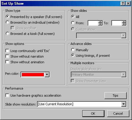 7 30 PowerPoint 2003: Basic Topic E: Setting up slide shows Explanation PowerPoint provides multiple options for running a presentation.