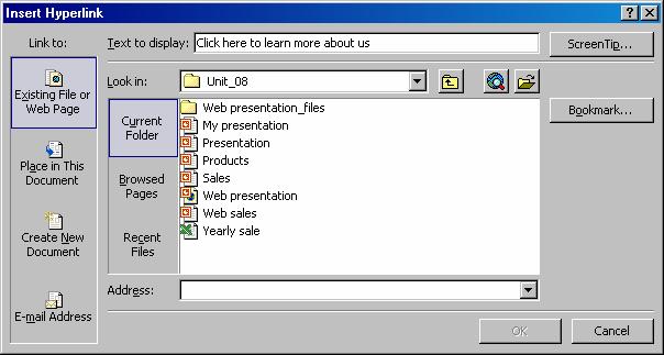 8 22 PowerPoint 2003: Basic Explanation PP03S-4-1 Adding hyperlinks to presentations You can add a hyperlink to a presentation to provide direct access to other files.