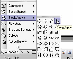 Using drawing tools 4 13 3 Choose the indicated option To select the Down Arrow shape from the Block Arrows submenu. Tell students they might need to reposition the ovals.