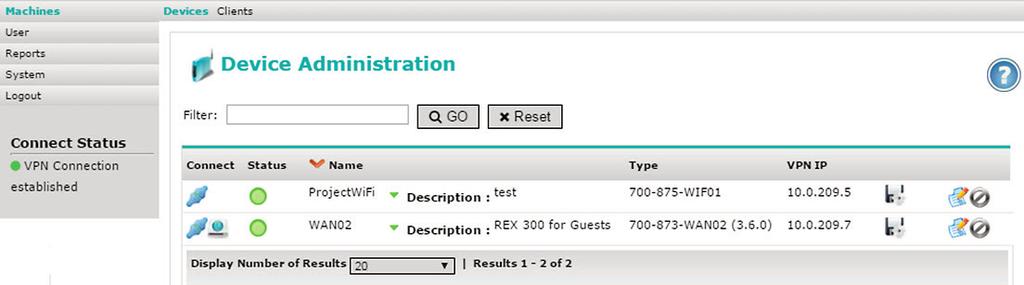 Logged-in REX routers will be indicated with a green circle. If you now want to connect to a REX router, you can click on the "QuickConnect" button to establish a connection to your system.