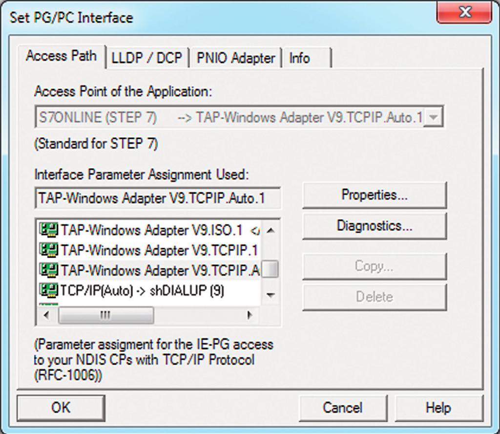 In order to be able to reach the PLC through the VPN tunnel, you will have to select the appropriate Open VPN adapter in the PG/PC interface.