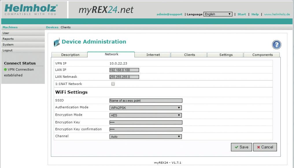 All REX 100 routers come with a LAN-side IP address of 192.168.0.100/24 as a default. Modify the IP address and the subnet mask in keeping with the specifications from the machinery network.