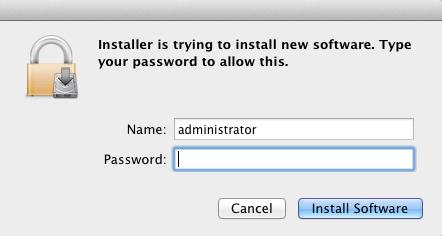 7. Click Install. You will be prompted for the administrator password. 8. Enter the Name and Password and click Install Software.