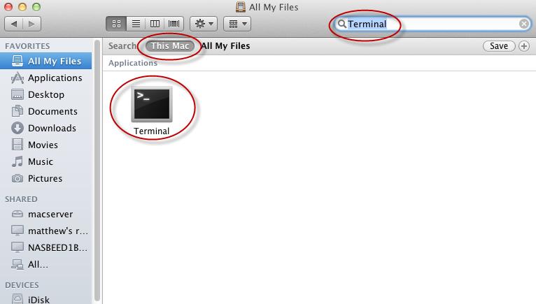 10. In the Finder search field type Terminal, ensure that This Mac is highlighted and press [Enter].