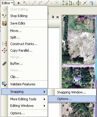 To set the snap tolerance and units, left click on Editor, Snapping, Options (see belwo left) The Snapping Options t allows you to set the snapping tolerance in map units or pixels.