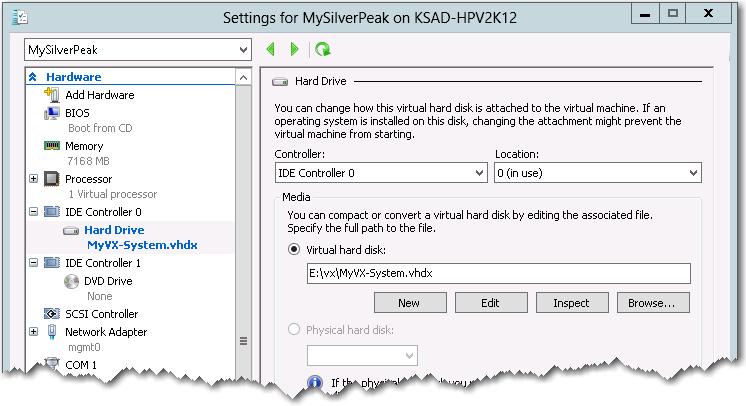 The wizard creates the new virtual hard disk and returns you to the Settings for MySilverPeak page, which displays the newly added hard disk. To save the addition, click Apply.