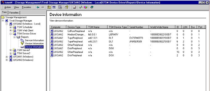 Mapping device names to devices Windows 2 TSM Server, Device Information display with Qlogic SNIA SAN Mgmt API Installed Device information can also be displayed from this screen for