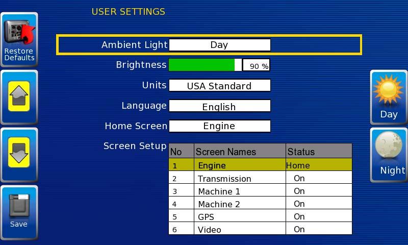 User Settings User Settings provides options to specify viewing preferences for the PV750 Display. Pressing Up and Down navigates through the options.