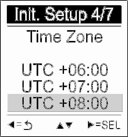 Time Zone 1. Use the Up /Down button to move to the desired time zone. 2. Press the SEL button to confirm and save. Auto Flip Page setup appears. Auto Flip Page 1.