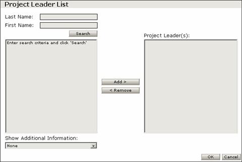 Chapter 9: Project Center 7 To add names to the Project Leader List, click the Modify List button. The Project Leader List pop-up opens.
