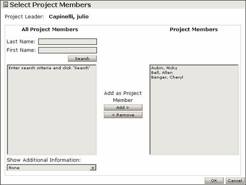Managing Your Project Members 5 Identify the Leader and click on the Project Leader icon. The Select Project Members pop-up opens.