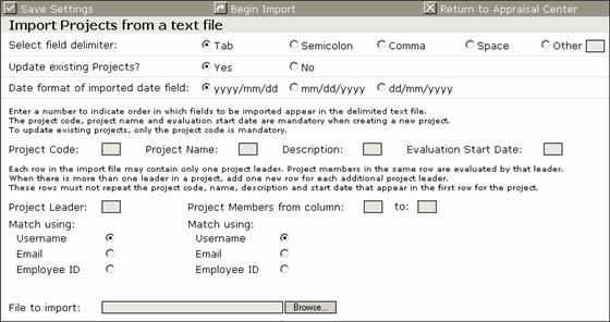 Importing Projects from a Text File 3 From the left navigator, click the Import Projects link. The Import Projects from a text file page appears.