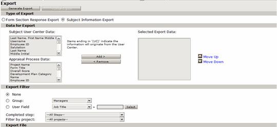 Exporting Response Data To Generate a Subject Information Export Report 1 Click the Subject Information Export radio button. An Export page is displayed.