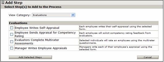 Chapter 14: Multirater 4 In the View Category drop-down list, click Evaluations. The Add Step window displays showing the available Evaluations steps.