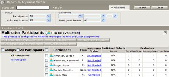 Chapter 14: Multirater 4 In the Starts with field, enter first few letters of the participant s last name, and then click the Search button.