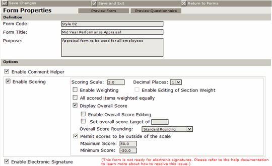 Exporting Forms Troubleshooting Electronic Signatures If Electronic Signatures are not configured correctly, an error message will appear in red text on the Form Properties page: If this occurs,