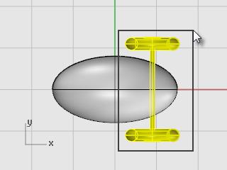 4. At the End of mirror plane prompt, with Ortho on, drag to the right in the Top viewport as illustrated and click. Mirror the front wheels and axle 1.