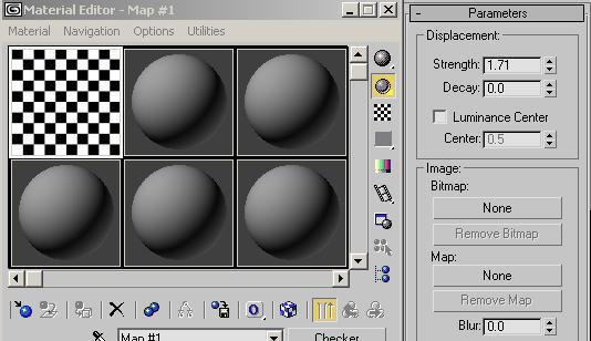 25. Drag the map from the material editor to the Map None button in the displace modifier.
