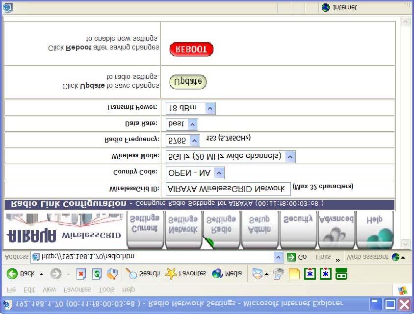 Radio Settings Tab The Radio Settings screen is used to define the WirelessGRID ID, Country Code, Wireless Mode, Radio Frequency, Data Rate, and Transmit Power settings of a bridge.