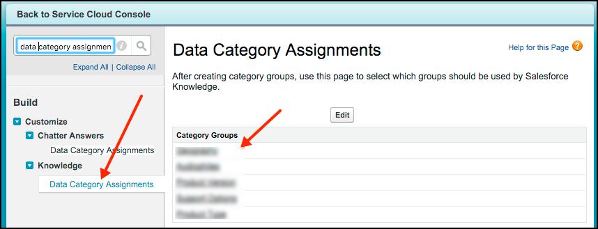 Cloud Setup for Knowledge Data Category From Setup, search for Data Category Assignments inside the Knowledge section, select the data category group, and copy the name for the desired root data