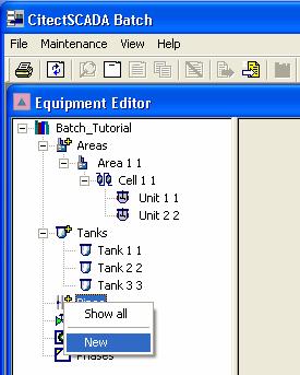 17 The next items of equipment to be configured are Pipes. Select the Pipes branch, right click and choose New from the menu.