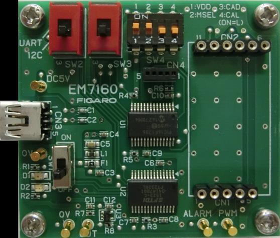 3. Configuration and Output of the Evaluation Board (EM7160) 3-1) Configuration (when using I2C communication) Check that SW2, SW3, and SW4 are configured as shown in the photo below.