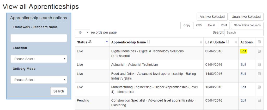 Click the Edit link under the Actions column against the apprenticeship you would like to