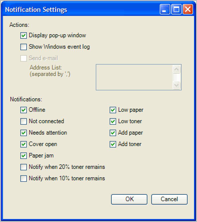 Device Several types of events can trigger a notification, depending on the model. For example, a paper jam can be set to trigger a notification.