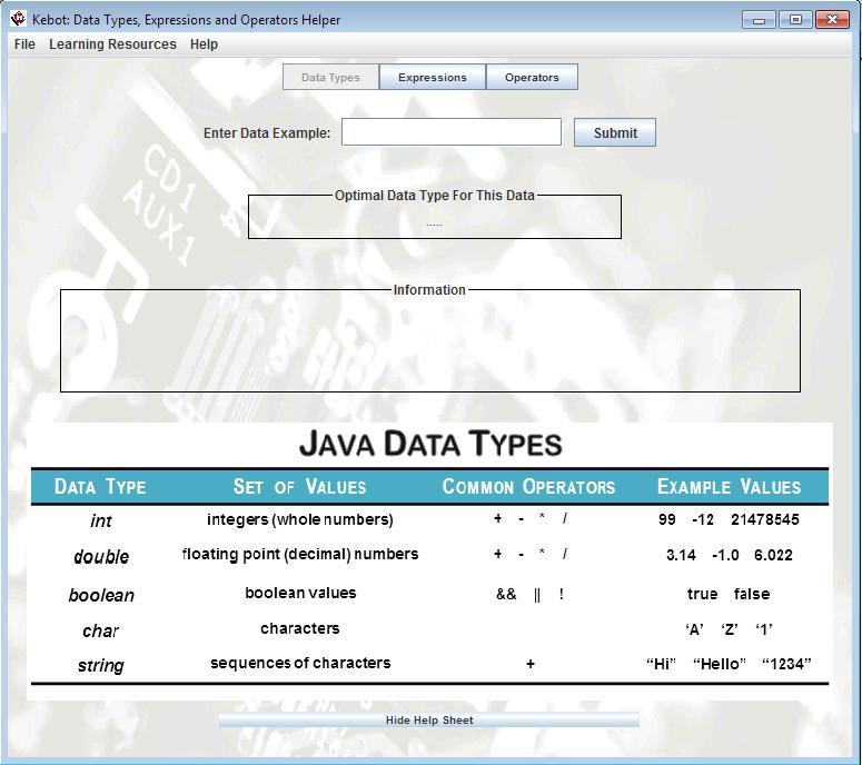 » When you enter in the Helper Application the optimal type for that data is provided» Information relevant to the data