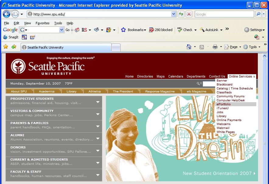 B. Once you have your User ID and password, go to www.spu.edu and from the Online Services dropdown menu, select eportfolio. C.