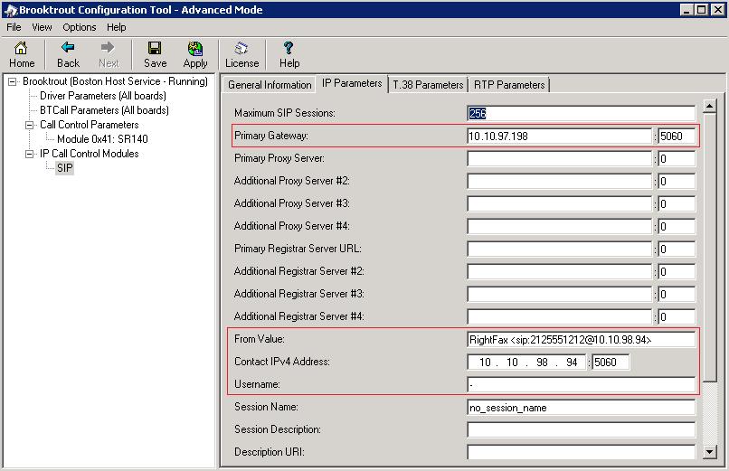 7.5. Configure SIP IP Parameters Navigate to Brooktrout IP Call Control Modules SIP in the left navigation menu. Select the IP Parameters tab in the right pane.