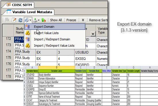 User Interface 3: VLM along with Export Sheet 1. Make necessary changes to the exported metadata (add/modify) in the spreadsheet for the SDTM 3.2 usage for a study or use the SDTM 3.