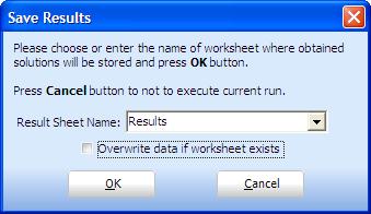 Figure 33 The Save Results Form It is possible to choose a name of existing worksheet with results by clicking the down arrow on the right side of the edit box.