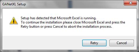 Figure 2 GANetXL cannot be installed while Microsoft Excel is running To install the application it is necessary to download