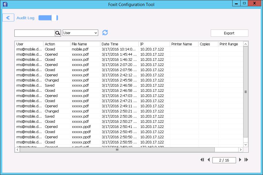 Auditing Logs Foxit Reader enables you to track the usage of RMS protected files to record the actions on the files during workflow, including who accessed the document, what document was accessed,