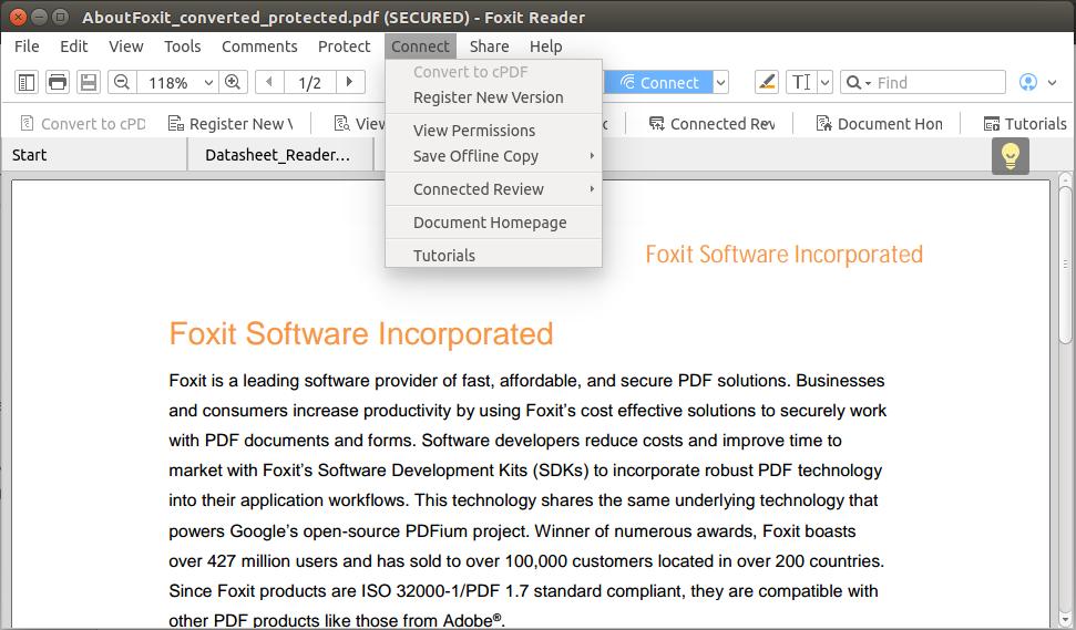 Chapter 5 Work with ConnectedPDF Foxit Reader ConnectedPDF extends the ISO PDF standard to allow each PDF to carry an identity assigned by a cloud service, and allows document tracking and sharing no