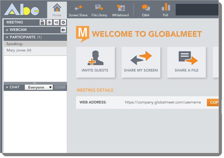 Site Settings and Branding Example GlobalMeet Meeting Screen The GlobalMeet meeting screen displays the GlobalMeet Logo you uploaded at the top left of the