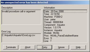 Error Dialog This dialog appears if Aquator detects an unexpected error. Report this to Oxford Scientific Software Ltd by email to support@oxscisoft.com, attaching the ErrorLog.