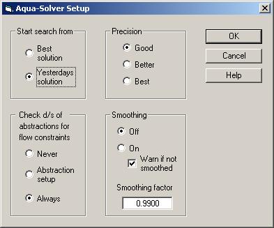 The dropdown list of available global optimisers will currently only show Aqua Solver. Clicking the adjacent button will bring up a simple setup dialog for Aqua Solver, shown here.