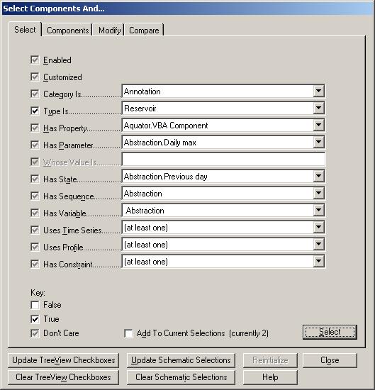Select Components Dialog This advanced dialog enables modification of multiple components simultaneously and comparison of the parameters, stets, etc of any pair of components.