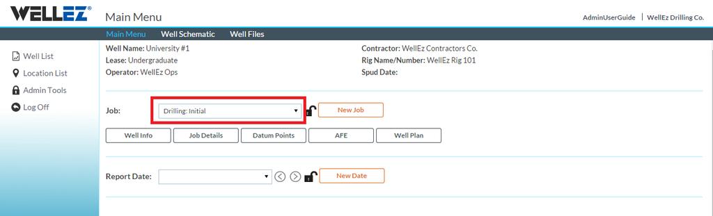 Entering Data into WellEz Selecting Job Next users must select which job (If the job does not exist see pg 10) Creating a Report Date (if the correct date does not already exist) Click the
