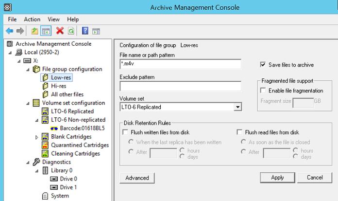 Administering the System 3.2.2.2 Selecting Storage Options for a File Group To Select Storage Options for a File Group 1. Open the Archive Management Console. 2. Navigate to the File group. 3. Determine whether files in the File Group are to be saved to data cartridges in a Volume Set.
