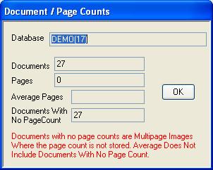 Click on the program control button labeled Click Here For Document/Page Count to view the Document Page Counts