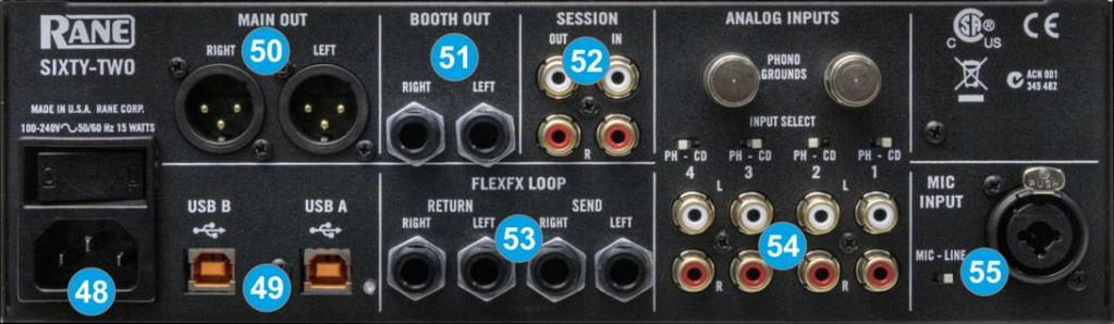 46. CONTOUR. Control knobs for the Left, Right and Crossfader Faders to adjust the slope of the fader curve (cut to smooth behavior) 47. HEADPHONES SOCKET.