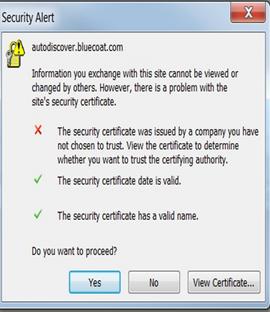 Email Protocols/Page 9 If the security alert pop-up is about an untrusted issuer, then ensure the client trusts the certificate found in the Issuer Keyring drop-down list (Configuration > Proxy