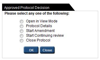 Figure 35: Approved Protocol Decision Window The Continuing review radio option appears