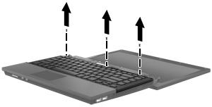 6. Open the display and remove the keyboard access screws. 7. Gently slide the keyboard upward (1) until the tabs on the lower edge of the keyboard clear the arm rest.